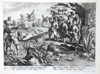 Jägare som använder falkar för att jaga gäss, illustration från "Venationes, Ferarum, Avium, Piscium" (av jakt: vilda djur, fåglar, fiskar), graverad av Jan Collaert (1566-1628), pub. av Phillipus Gallaeus, A av Jan van der Straet