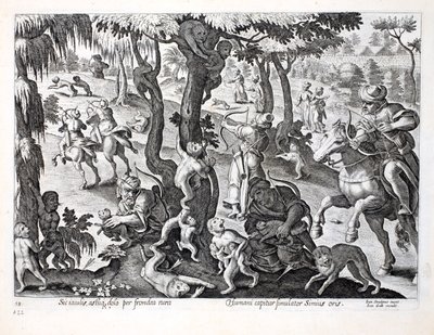 Jakt på apor på landsbygden, illustration från "Venationes, Ferarum, Avium, Piscium" (Om jakt: vilda djur, fåglar, fisk), graverad av Jan Collaert (1566-1628), utgiven av Phillipus Gallaeus, Am av Jan van der Straet
