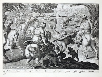 Morerna på hästryggen på jakt efter strutsar, platta 62, illustration från "Venationes, Ferarum, Avium, Piscium" (Om jakt: vilda djur, fåglar, fiskar), graverad av Jan Collaert (1566-1628), utgiven av Phillipus. av Jan van der Straet