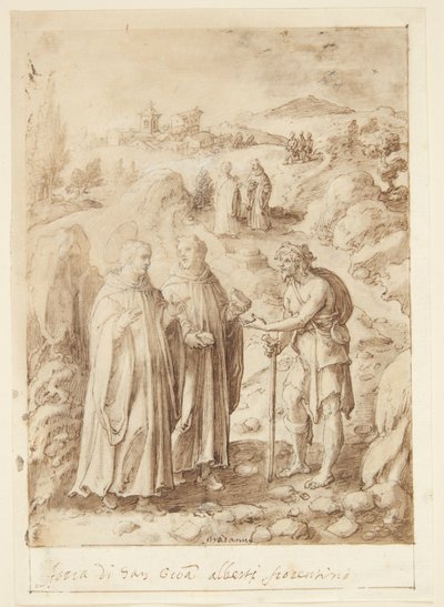 Historien om S. Giovanni Alberti Fiorentino. Helgonet och den medföljande munken ger en tiggare sitt sista bröd av Jan van der Straet