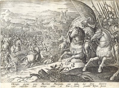Slaget vid Labadia si Sena och S:t Abonda, tavla 3 från "The History of the Medici", graverad av Philip Galle (1537-1612), ca 1583 av Jan van der Straet