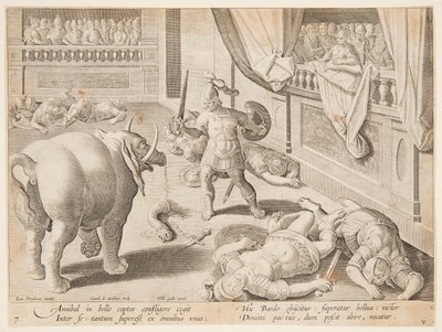En romersk soldat som slåss mot en av Hannibals elefanter, pl. 7 i serien Game, Birds and Fish av Jan van der Straet, called Stradanus