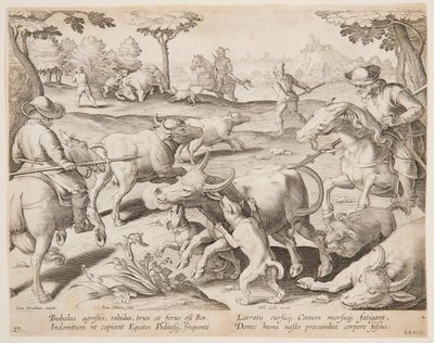 Buffalo Hunt, tallrik 27 i Hunts of Game, Birds and Fish-serien av Jan van der Straet, called Stradanus