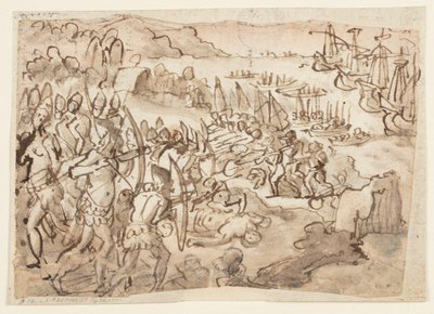 Erövringen av de Filippinska öarna, preliminär design för grisillemålning realiserad av Stradanus son Scipione, för obsequies till minne av Filip II av Spanien, som hölls i San Lorenzo i Florens den 12 november 1598 av Jan van der Straet, called Stradanus