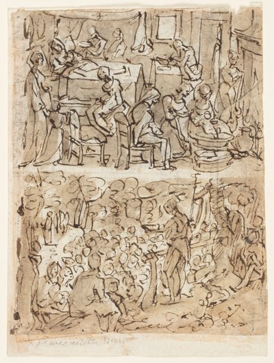 Fyra scener ur Johannes Döparens liv, preliminära mönster för en tryckserie (recto and verso) av Jan van der Straet, called Stradanus