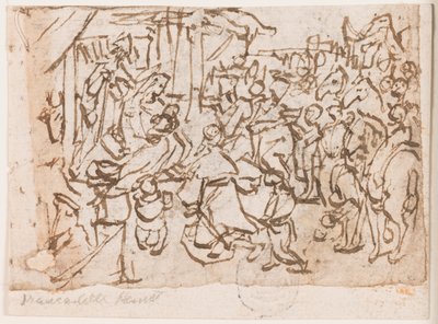 Sida i en skissbok; Tillbedjan av Magi; St. Christopher och Kristusbarn av Jan van der Straet, called Stradanus