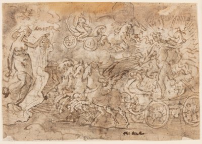 Sida i en skissbok; Apollo och Aurora av Jan van der Straet, called Stradanus