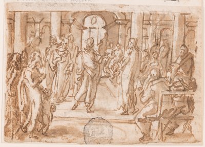 Peter och John Tillfrågade av Höga rådet, preliminär design för "Spiritus Scientiae" (Vetenskapens ande), plåt 5 i tryckserien "Seven Gifts of the Holy Spirit" av Jan van der Straet, called Stradanus