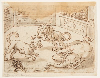 Recto: Alexander den store tittar på en kamp mellan sin hund och en elefant och ett lejon; Verso: Verso: inskription som hänför sig till Plinius den äldres naturhistoria, bok 8, kap. 61 av Jan van der Straet, called Stradanus