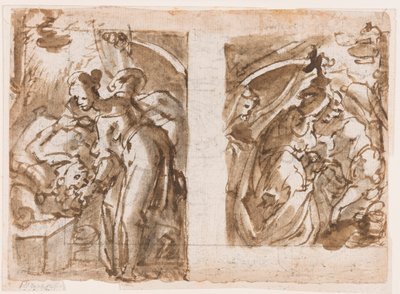 Recto: Två vyer av Judith som dödar Holofernes; Verso: Fontän i Fiesole av Jan van der Straet, called Stradanus
