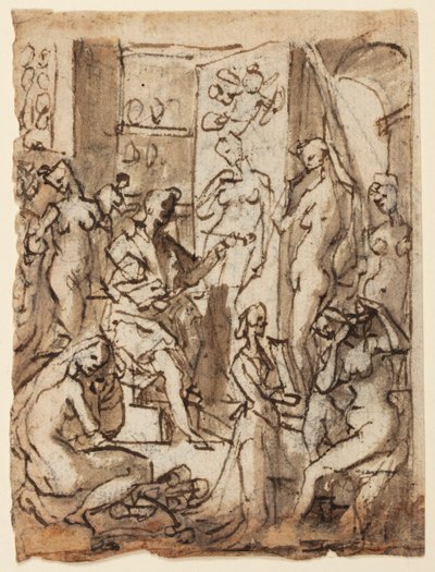 Recto: Zeuxis målning Helen; Verso: Studier av figurer för en illustration av den åttonde cirkeln, tionde bolgia av Dantes inferno (förfalskare: Mästare Adamo, Sinon av Troja, Potifars fru) av Jan van der Straet, called Stradanus