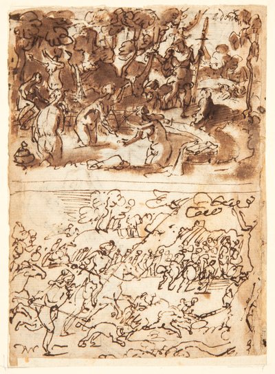 Recto, ovan: Diana och Actaeon; Recto, nedan: Galtjakt; Verso, ovan: studier av två manliga huvuden; Verso, nedan: Annas och Joachims möte vid Gyllene porten, Kristusbarnets omskärelse av Jan van der Straet, called Stradanus