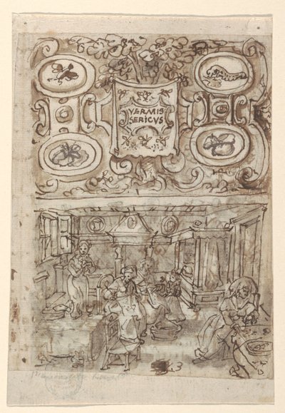 Recto, ovan: Preliminär design för titelsidan till Vermis Sericus ("Introduktionen av silkesmasken") tryckserier; Recto, nedan: Preliminär design för pl. 3 (Inkubationen av silkesmaskägg); Verso, ovan: Ofullständig preliminär design för titelsida till av Jan van der Straet, called Stradanus