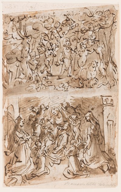 Recto, ovan: Unga St. Johannes Döparen guidad av änglar i öknen; Recto, nedan: Sacra Conversazione med Sts. Barbara och Catherine; Verso, ovan: Cruxifiction; Verso, nedan: Kristus helar förlamade nära Bethesda-dammen av Jan van der Straet, called Stradanus