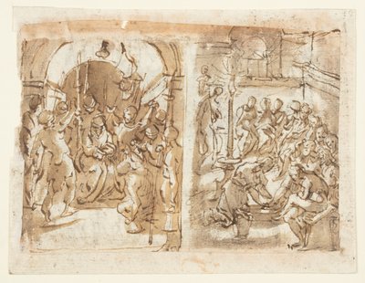 Recto, vänster: The Mocking of Christ; Recto, höger: Kristus tvättar apostlarnas fötter; Verso: Avrättning av Mary Stuart, drottning av Skottland 1587 av Jan van der Straet, called Stradanus
