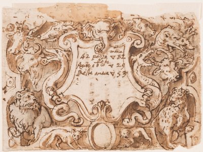 Till höger: preliminär design för titelsidan för tryckserien Hunting of Wild Bears and Fish; Verso: anteckningar av Stradanus om betalningar till en skräddare av Jan van der Straet, called Stradanus