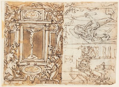 Skissbok Sida; Monument över Marcus Aurelius Antonius med son; Studera för en gravyr av Jan van der Straet, called Stradanus