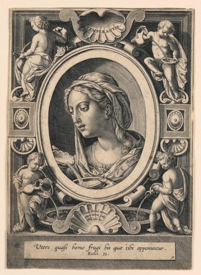 Temperance, skylt 7 av "VII Virtutim...Imagines" av Jan van der Straet, called Stradanus
