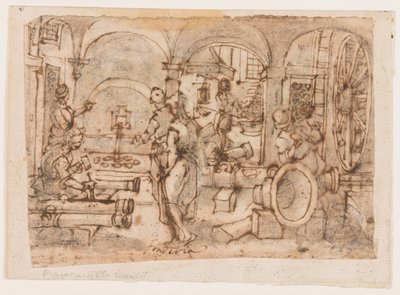 The Invention of Gunpowder, design för "Pulvis Pyrius", pl. 3 i Nova Reperta-serien (New Inventions of Modern Times). av Jan van der Straet, called Stradanus
