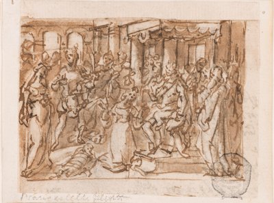 The Judgment of Salomon, preliminär design för "Spiritus Sapientiae" (Vishetens ande), plåt 1 i tryckserien "Seven Gifts of the Holy Spirit" av Jan van der Straet, called Stradanus