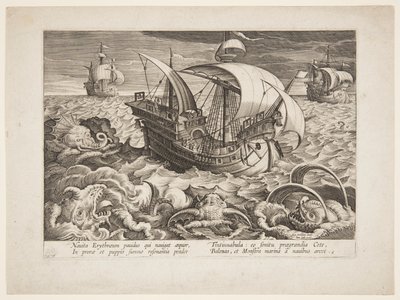 Tre skepp omgivna av monster av Jan van der Straet, called Stradanus