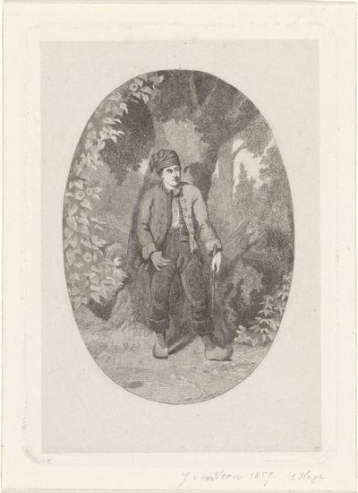 Man vid ett träd i en skog av Jan van der Veen (prentmaker)