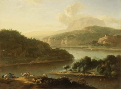 Ett flodlandskap med herde och bondkvinna i förgrunden av Jan van der the Younger Meer