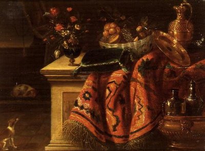 Ett stilleben med en vas med blommor, frukt i en skål, en silverförgylld då och tallrik & en kudde av Jan van the Elder (follower of) Kessel