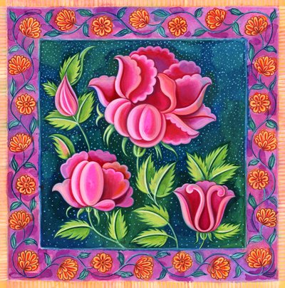 Rosa blommor, 1997, (bläck och gouache) av Jane Tattersfield
