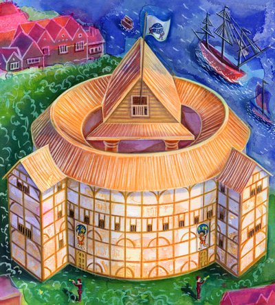 Shakespeares Globe Theatre, 2006, (bläck och gouache) av Jane Tattersfield