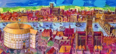 Shakespeares Globe Theatre på Southbank, 2006, (bläck och gouache) av Jane Tattersfield