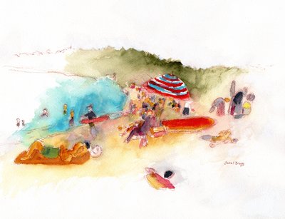 Solbadare och surfare på stranden vid Hanalei Bay, ca 2019 (akvarell och blyerts på papper) av Janel Bragg