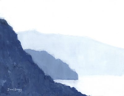 Cap Sante med Hat Island och Foothills, ca 2021 (kasein på papper) av Janel Bragg