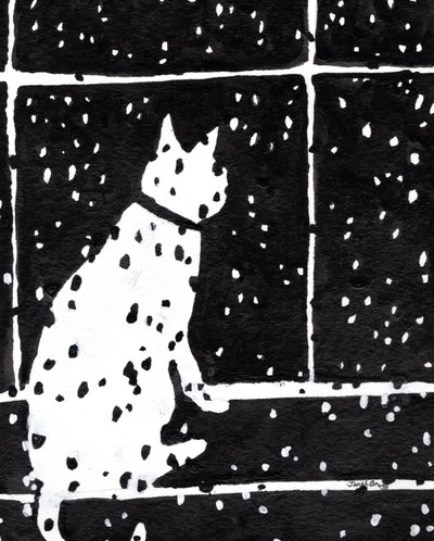 Katt i fönster under snöstorm, ca 2019 (bläck på papper) av Janel Bragg