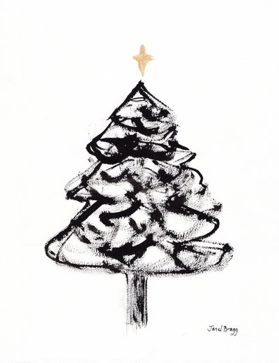Julgran med sumibläck och guldkors, ca 2021 (sumibläck och akvarell på papper) av Janel Bragg