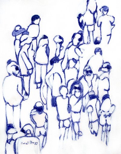 Crowd in Blue, ca 2024 (blandteknik på papper) av Janel Bragg