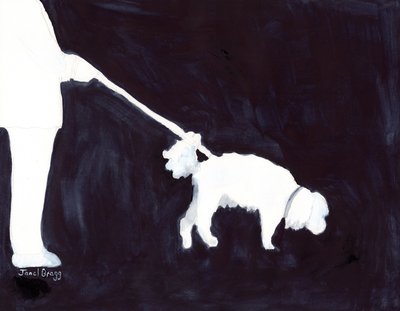 Man som rastar sin hund i Indigo III, ca 2021 (vattenteknik på papper) av Janel Bragg