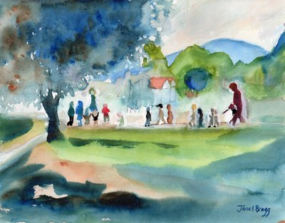 Montessoriskolan Crossing the Street, ca 2015 (vattenmedia på papper av Janel Bragg