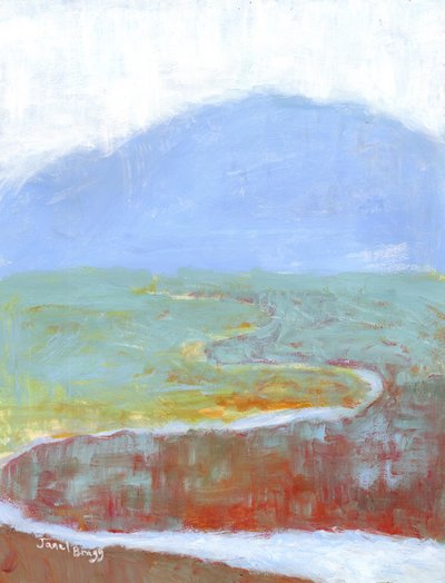 Mountainscape with Slough and Wildflowers for Annabelle, ca 2021 (kasein och akvarell på papper) av Janel Bragg