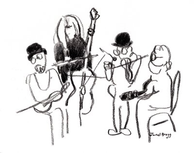 Musikanter på Victorian Festival, ca 2021 (kol på papper) av Janel Bragg