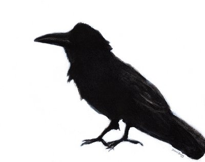 Raven at Baker Beach, ca 2023 (blandteknik på papper) av Janel Bragg