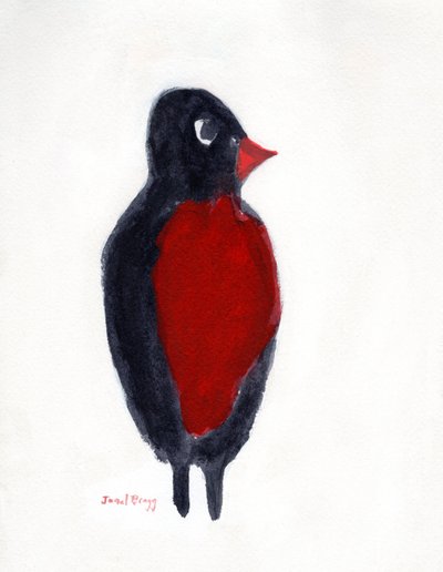 Robin Red Breast Hunting, ca 2025 (vattenmedia på papper) av Janel Bragg