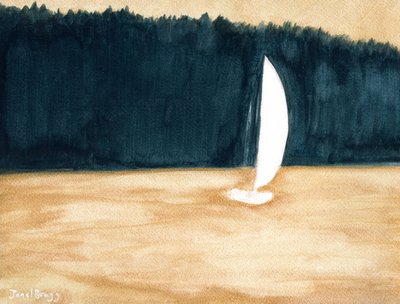 Segelbåt i Guemes Channel, ca 2024 (akvarell på papper) av Janel Bragg