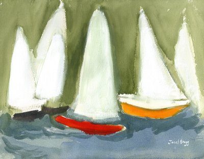 Sailboats in the Puget Sound, ca 2020 (kasein och akvarell på papper) av Janel Bragg