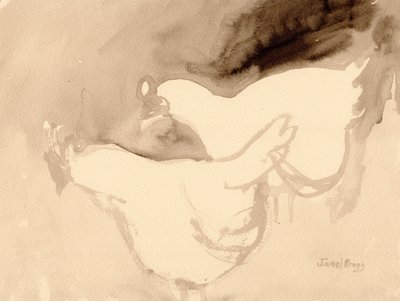 Schuh Farm Chickens, ca 2019 (tusch på papper) av Janel Bragg