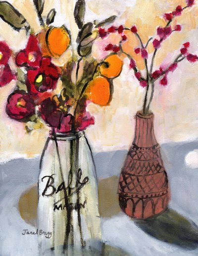 Stilleben med murarburk och blommor, ca 2020 (vattenteknik på papper) av Janel Bragg