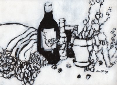 Stilleben med olivolja och kottar, ca 2017 (kol och gesso på papper) av Janel Bragg