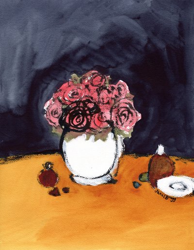 Stilleben med rosor och parfymflaskor, ca 2020 (tusch och akvarell på papper) av Janel Bragg