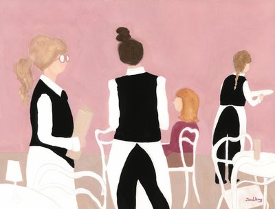 Servitriser från Cafe Sabarsky i rosa och beige, ca 2024 (vattenteknik på papper) av Janel Bragg