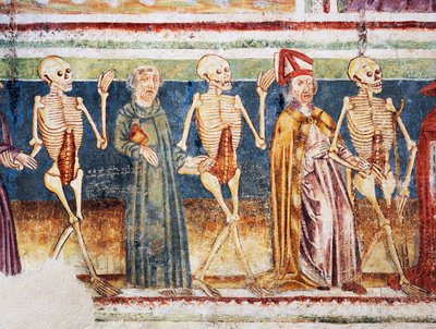 Hrastovlje befästa kyrka, Trefaldighetskyrkan, Döden som åtföljer biskop och munk, Dödsdansen (1490), detalj från fresker av Janez Iz Kastva, Slovenien av Janez Kastav